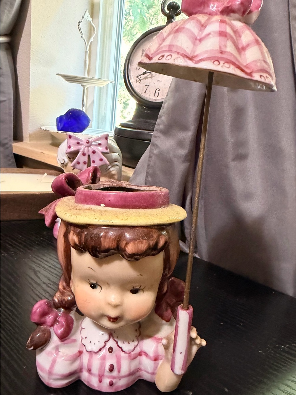 Pink Ceramic Girl Figurine Umbrella Planter - Decorative Home Accent
